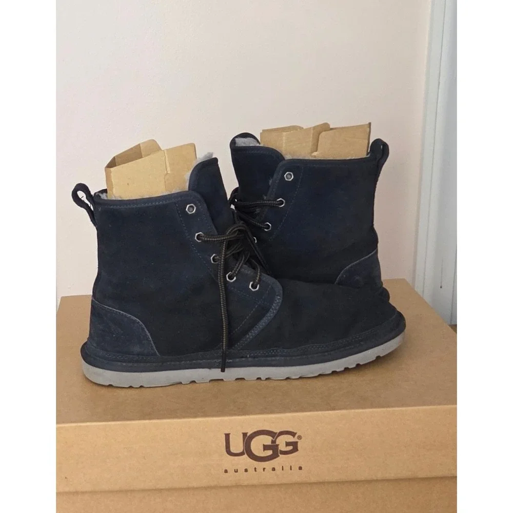 UGG Harkley Black Suede Sheepskin Lined Lace Up Boots Mens F27018G Size 10